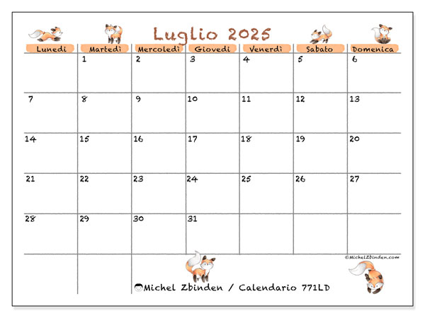Calendario da stampare, luglio 2025, 771LD