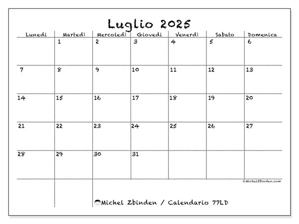 Calendario da stampare, luglio 2025, 77LD