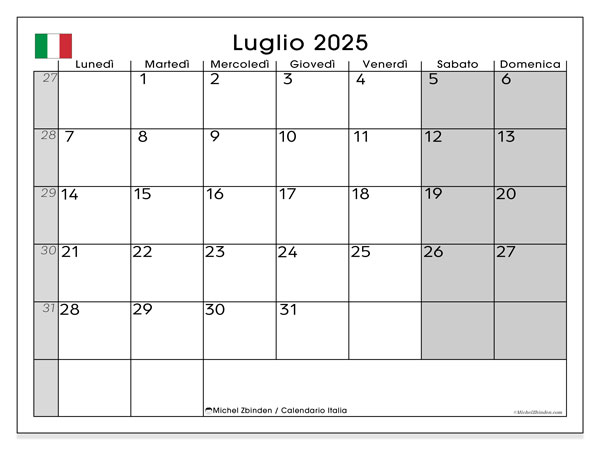 Kalendarz do druku, lipiec 2025, Włochy