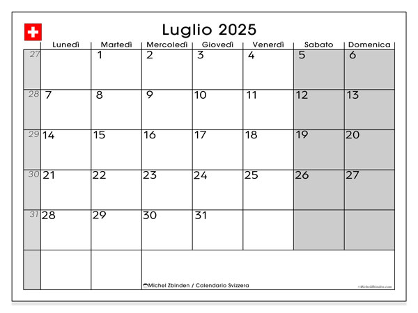 Kalender for utskrift, juli 2025, Sveits (IT)