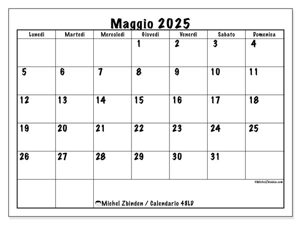 Calendario da stampare, maggio 2025, 48LD