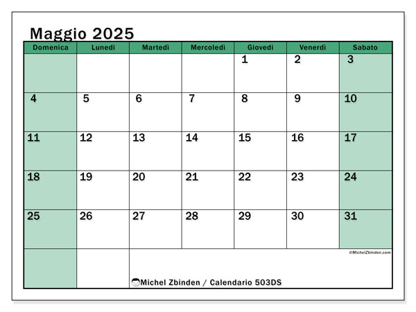 Calendario da stampare, maggio 2025, 503DS