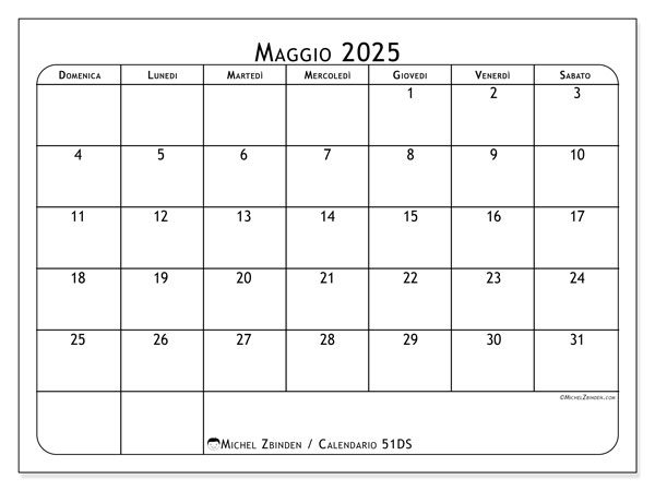Calendario da stampare, maggio 2025, 51DS