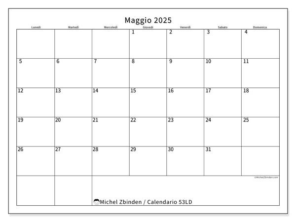 Calendario maggio 2025 “53”. Programma da stampare gratuito.. Da lunedì a domenica