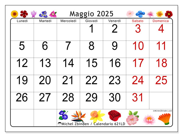 Calendario da stampare, maggio 2025, 621LD