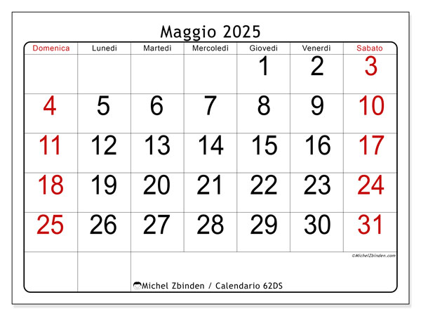 Calendario da stampare, maggio 2025, 62DS