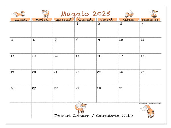 Calendario da stampare, maggio 2025, 771LD