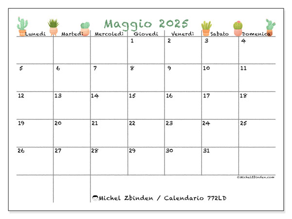 Calendario da stampare, maggio 2025, 772LD