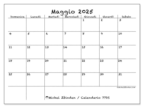 Calendario da stampare, maggio 2025, 77DS