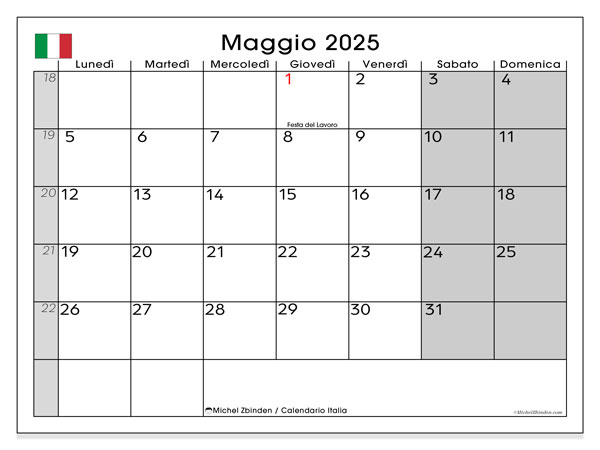 Kalender zum Ausdrucken, Mai 2025, Italien