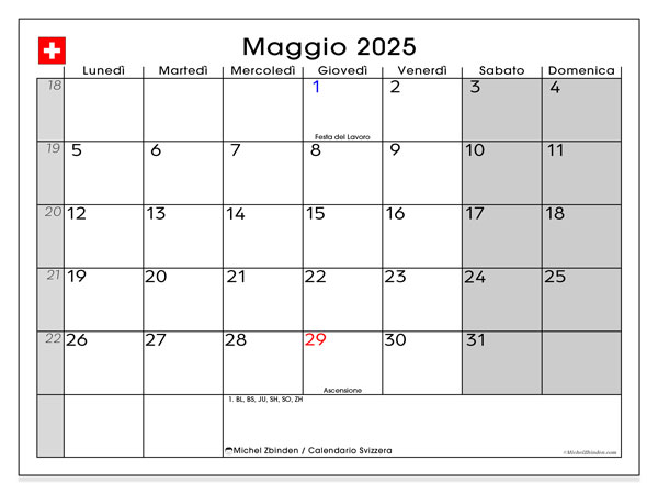 Kalender att skriva ut, maj 2025, Schweiz (IT)