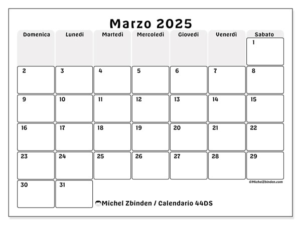 Calendario marzo 2025, 44DS. Piano da stampare gratuito.