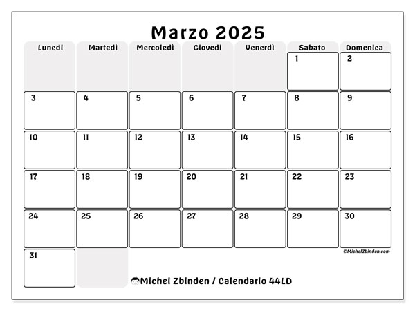 Calendario marzo 2025 “44”. Calendario da stampare gratuito.. Da lunedì a domenica