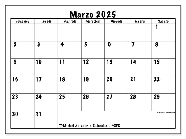 Calendario da stampare, marzo 2025, 48DS