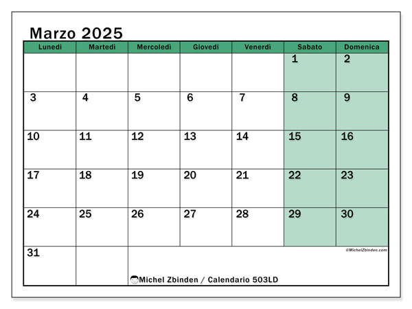 Calendario marzo 2025 “503”. Piano da stampare gratuito.. Da lunedì a domenica