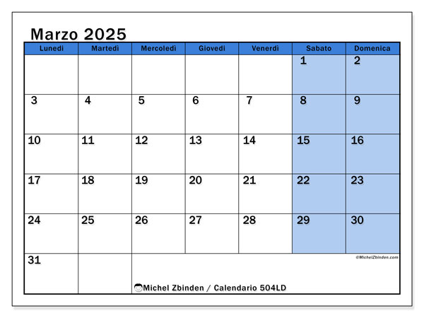 Calendario marzo 2025 “504”. Programma da stampare gratuito.. Da lunedì a domenica