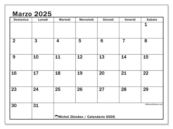 Calendario marzo 2025 “50”. Programma da stampare gratuito.. Da domenica a sabato
