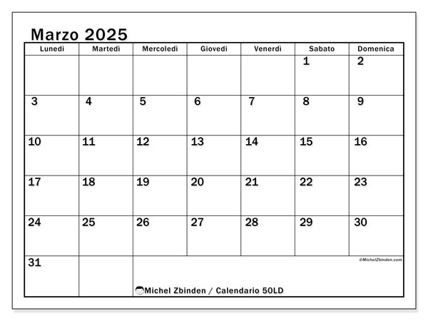 Calendario marzo 2025 “50”. Piano da stampare gratuito.. Da lunedì a domenica