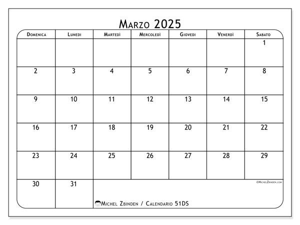 Calendario marzo 2025 “51”. Piano da stampare gratuito.. Da domenica a sabato