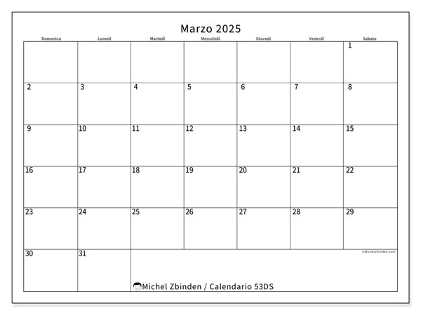 Calendario marzo 2025 “53”. Calendario da stampare gratuito.. Da domenica a sabato