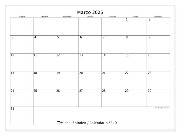 Calendario marzo 2025 “53”. Orario da stampare gratuito.. Da lunedì a domenica