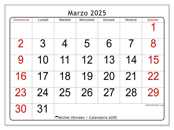 Calendario marzo 2025 “62”. Calendario da stampare gratuito.. Da domenica a sabato