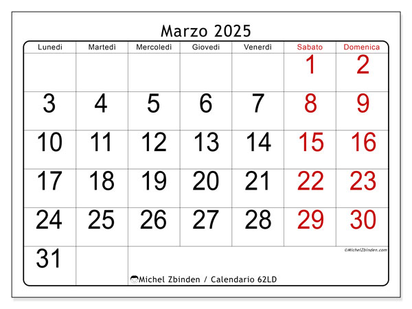 Calendario marzo 2025 “62”. Calendario da stampare gratuito.. Da lunedì a domenica