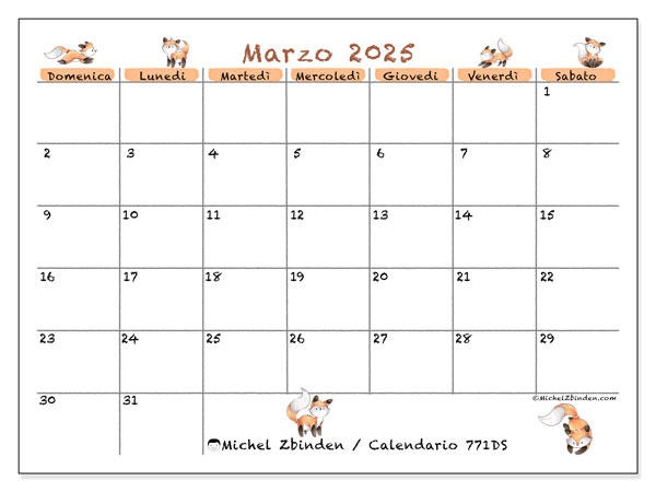 Calendario marzo 2025 “771”. Orario da stampare gratuito.. Da domenica a sabato