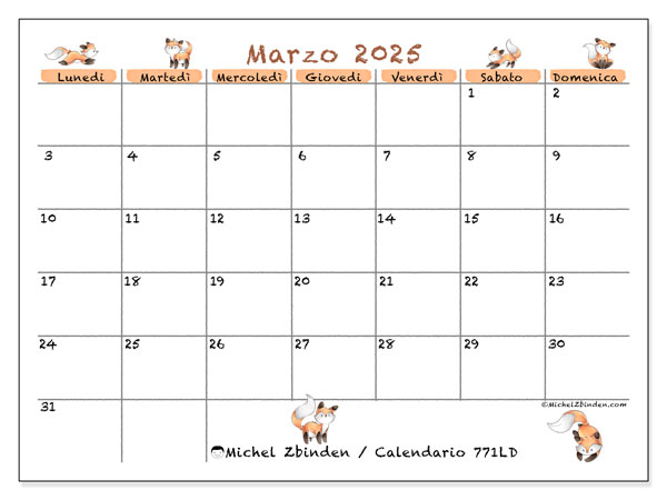 Calendario marzo 2025 “771”. Programma da stampare gratuito.. Da lunedì a domenica