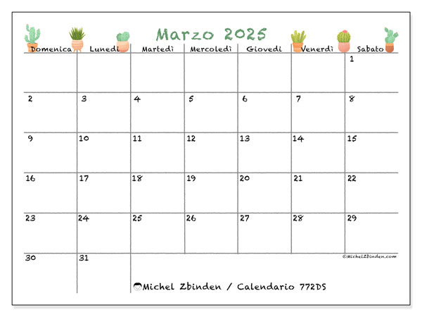 Calendario marzo 2025 “772”. Programma da stampare gratuito.. Da domenica a sabato