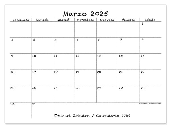 Calendario marzo 2025 “77”. Orario da stampare gratuito.. Da domenica a sabato