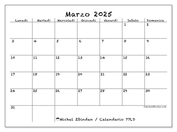 Calendario marzo 2025 “77”. Calendario da stampare gratuito.. Da lunedì a domenica