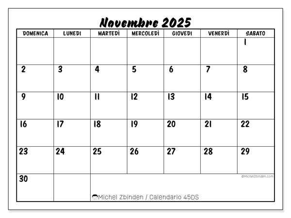 Calendario da stampare, novembre 2025, 45DS