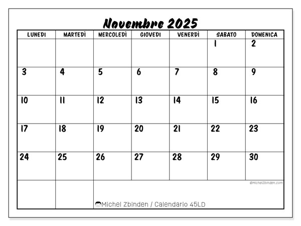 Calendario da stampare, novembre 2025, 45LD
