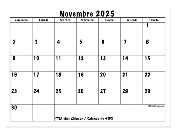Calendario da stampare, novembre 2025, 48DS