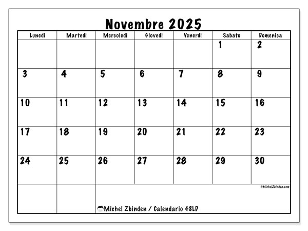 Calendario da stampare, novembre 2025, 48LD