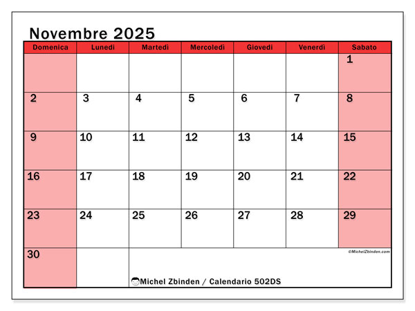 Calendario da stampare, novembre 2025, 502DS