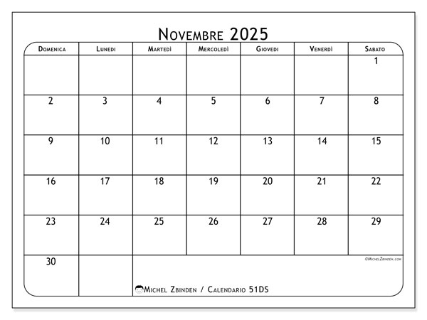 Calendario da stampare, novembre 2025, 51DS