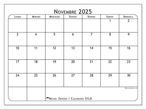 Calendario da stampare, novembre 2025, 51LD
