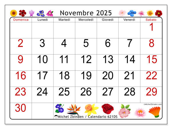 Calendario da stampare, novembre 2025, 621DS