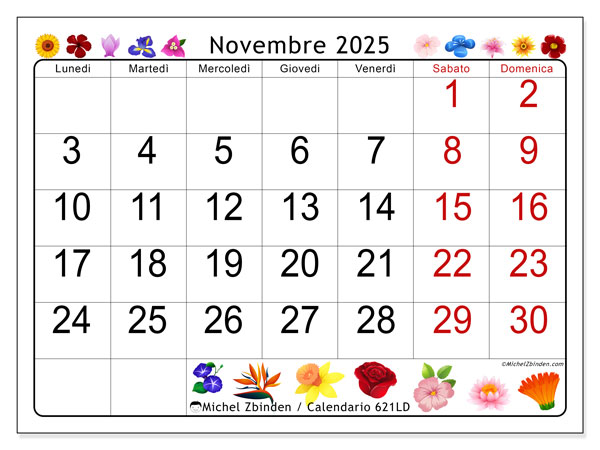 Calendario da stampare, novembre 2025, 621LD