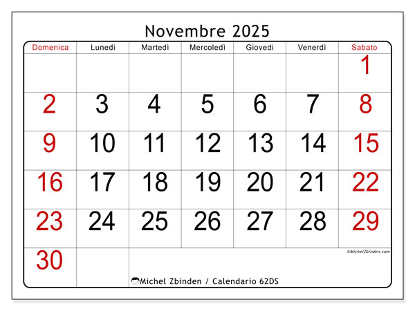 Calendario da stampare, novembre 2025, 62DS