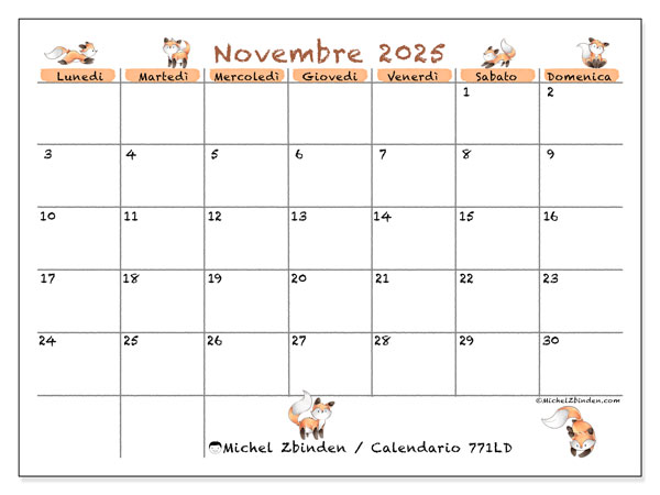 Calendario da stampare, novembre 2025, 771LD