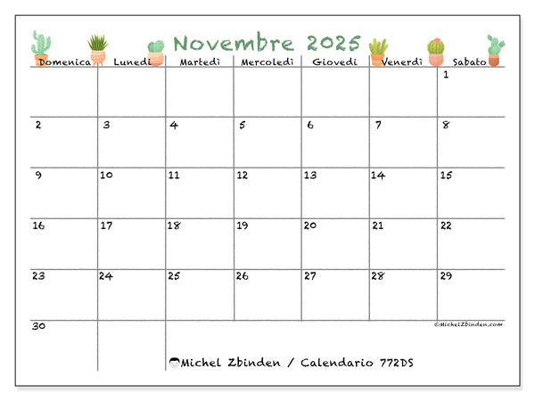 Calendario da stampare, novembre 2025, 772DS