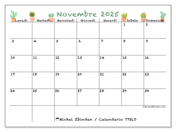 Calendario da stampare, novembre 2025, 772LD