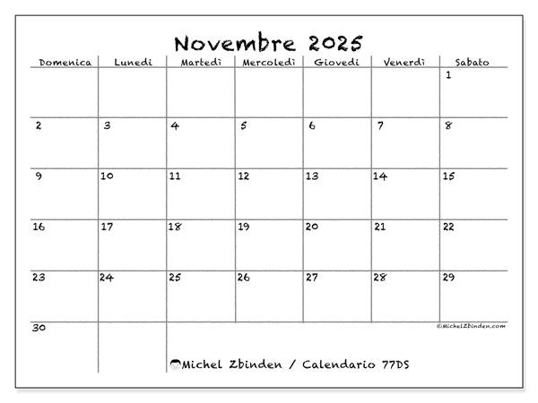 Calendario da stampare, novembre 2025, 77DS