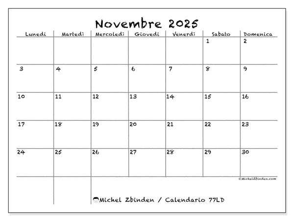 Calendario da stampare, novembre 2025, 77LD