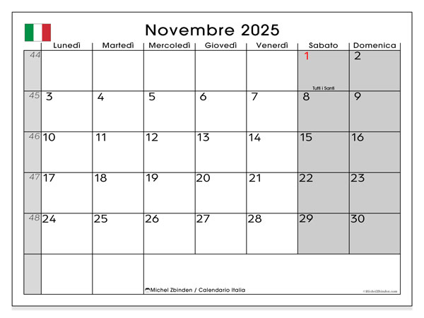 Tulostettava kalenteri, marraskuu 2025, Italia