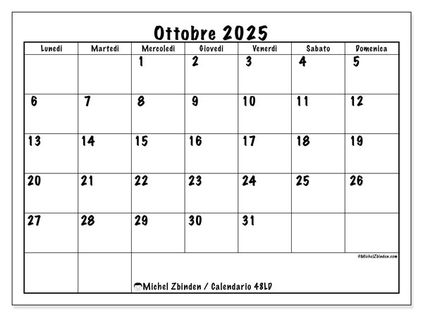 Calendario da stampare, ottobre 2025, 48LD