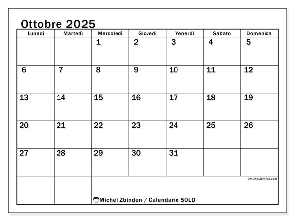 Calendario da stampare, ottobre 2025, 50LD